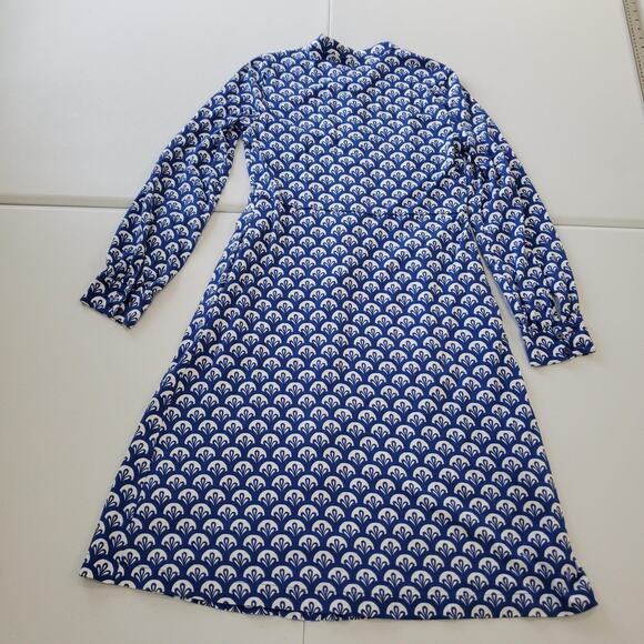 Boden Dress Womens 4 Blue White Button Front Long Sleeve A-Line Scallop Print - Picture 2 of 12